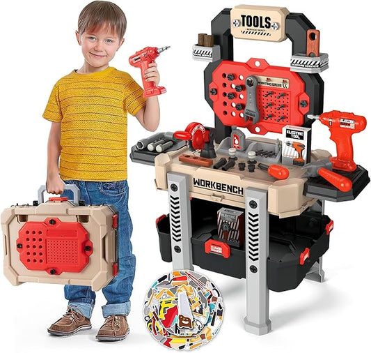 Kids Tool Bench with 138 Realistic Tools, Electric Drill, Stickers - Pretend Play Learning Gift for Boys & Girls Age 3-5