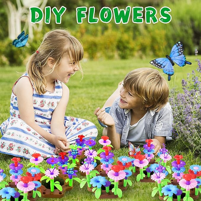 16Pcs Kids Gardening Tools Outdoor Toys Set Backyard Play with 93 PCS DIY Flower Garden Building Preschool Activities (Green)