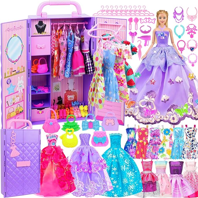 Ecore Fun 108 Pcs Doll Clothes and Accessories with Purple Doll Closet for 11.5 Inch Girl, Includes Party Dresses, Fashion Outfits, Swimsuits, Shoes, Hangers, Bags, Necklaces
