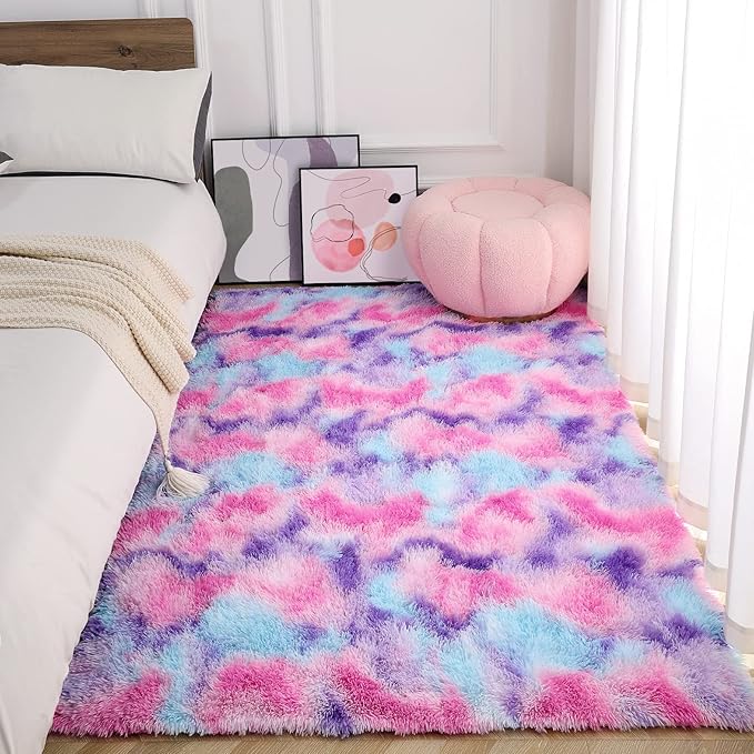 AROGAN Soft Rainbow Area Rugs for Girls Room 6x9 Feet, Fluffy Girls Bedroom Rugs, Princess Rug, Cute Colorful Carpet for Kids Teens Nursery Toddler, Hot Pink