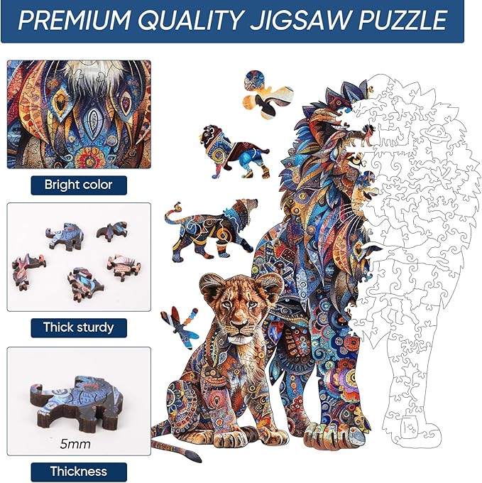 Lion Family 500 Pieces Wooden Puzzles for Adults Jigsaw Puzzles with Unique Shapes Fun Challenging Animal Puzzles for Kids and Couples on Birthday,Thanksgiving,Christmas 15.9" x19.3