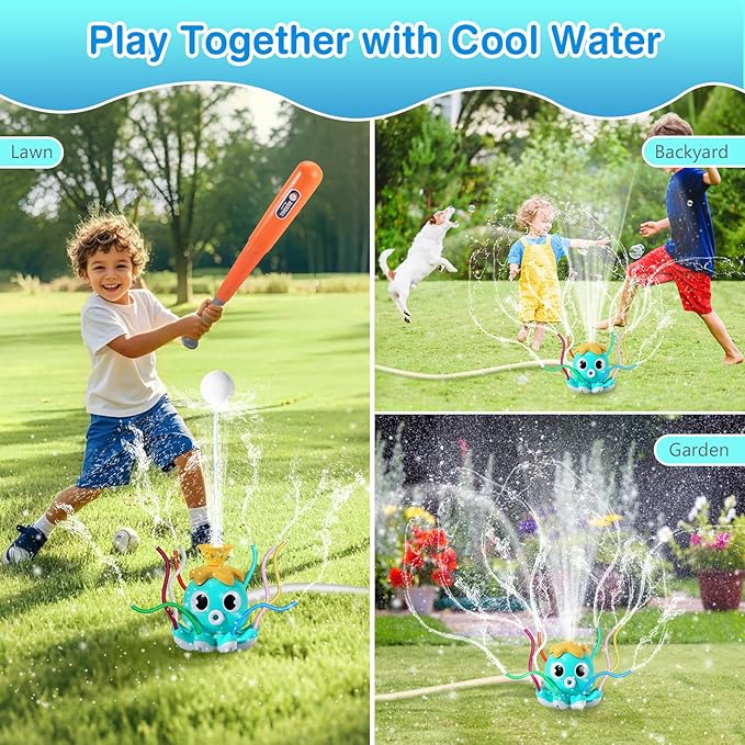 MoKo Water Sprinkler Baseball Toy for Kids Outdoor Play, 2 in 1 Octopus Baseball Water Games for Boys Girls, Yard Sprayer Sprinkler, Toddler Outdoor Toys for Backyard Garden Lawn Pool, Sky Blu Octopus