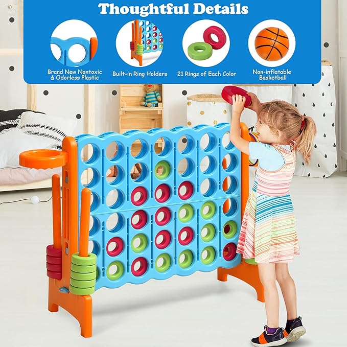 Costzon Giant 4-in-A-Row, Jumbo 4-to-Score Giant Game w/Basketball Hoop, Ring Toss, Quick-Release Slider, 42 Jumbo Rings, Indoor Outdoor Family Connect Game for Kids & Adults, Backyard Games, Orange