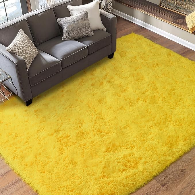 Super Fluffy Area Rug for Bedroom, Modern Shag Yellow Area Rugs, Soft Plush Small Carpet for Kids,Girls Boys and Teens Decorations for Living Room Dorm Nursery Classroom, 4x6 Feet