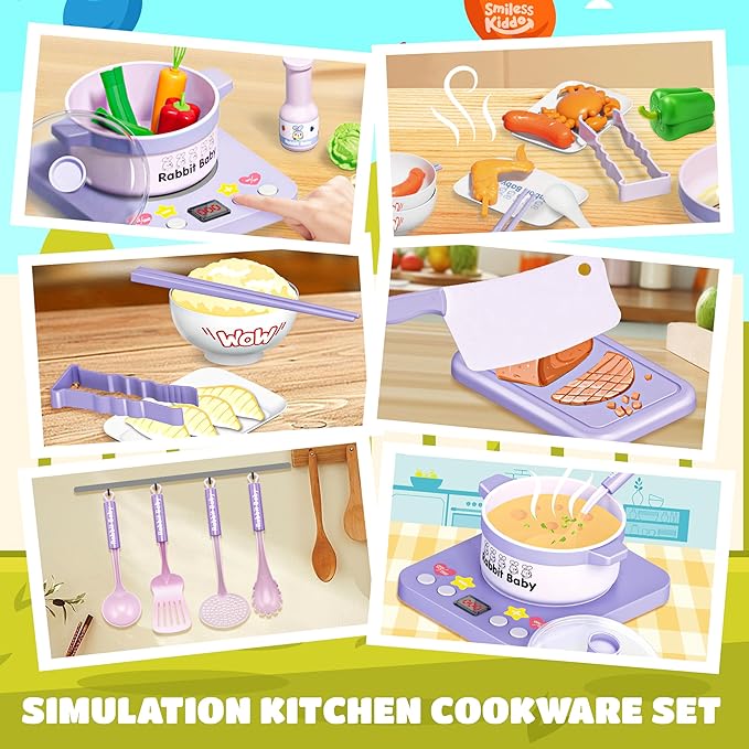 SMILESSKIDDO Play Kitchen Playset for Kids 3-12 Year Old - Toy Kitchen Pretend Play Food Sets for Girls Boys, Purple Play Pots and Pans Sets for Kids Kitchen, Learning Gift for Toddlers