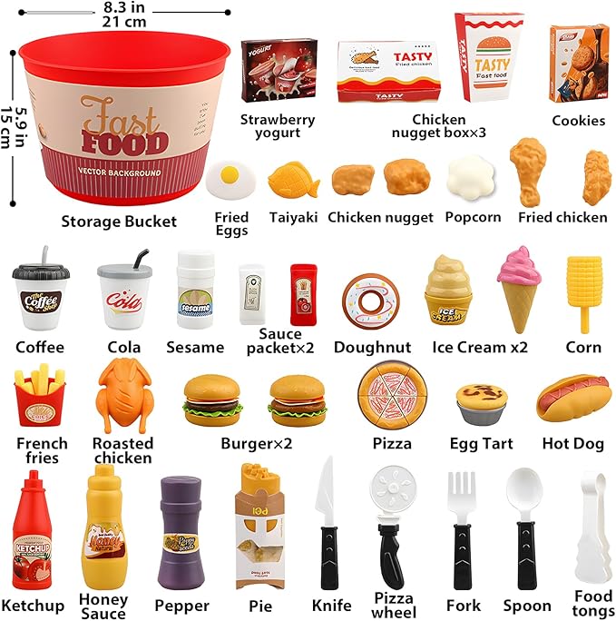80 Pcs Pretend Play Food Toy for Kids Kitchen Aged 3 4 5, Fast Food Set with Storage Bucket, Pizza, Burger, Ice Cream, Hot Dog, Educational Birthday Toy Gift for Boys Girls