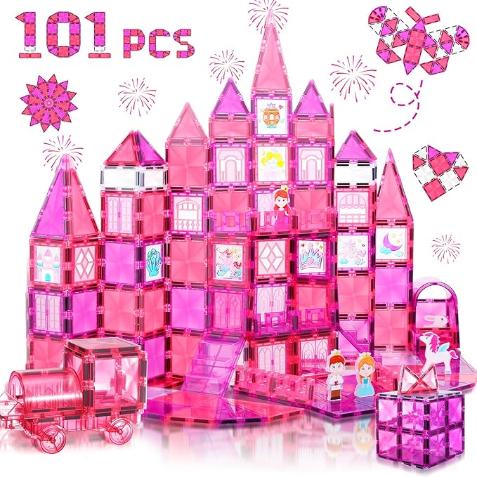 Magnetic Tiles, 101PCS Magnetic Blocks with Cars, Princess Magnet Building Tiles Construction Sets, Castle Magnet Blocks STEM Toys for Girls Kids Toddlers Ages 3 4 5 6 7 8 9+ Year Old