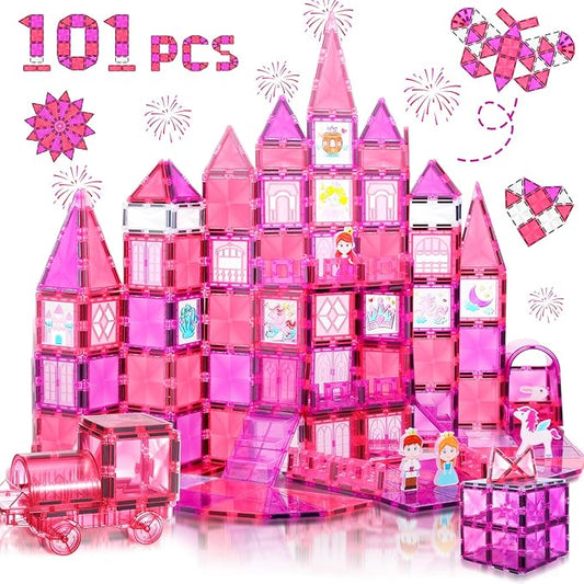 Magnetic Tiles, 101PCS Magnetic Blocks with Cars, Princess Magnet Building Tiles Construction Sets, Castle Magnet Blocks STEM Toys for Girls Kids Toddlers Ages 3 4 5 6 7 8 9+ Year Old