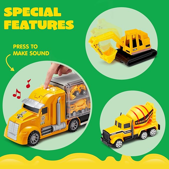 JOYIN 25 in 1 Die-cast Construction Play Vehicle Set, Vehicles with Sounds and Lights in Carrier Truck, Push and Go Car Toy, Kids Birthday Gifts for Over 3 Years Old Boys