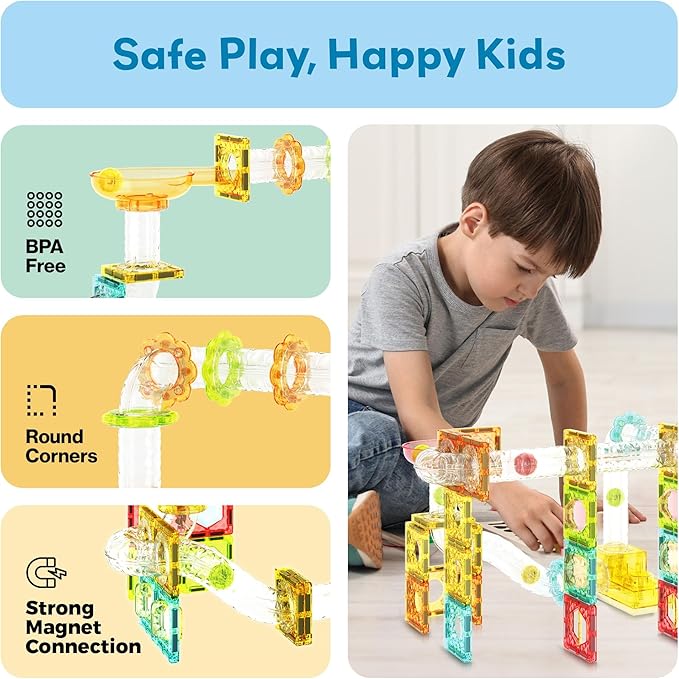 PicassoTiles 100 Piece Magnetic Marble Run Travel Size Sensory Toddlers Construction Toy Set Mini Diamond Magnet Tiles Marbles for Kids Race Track Building Blocks STEM Learning Kit Boy Girl 3+ PTMG100