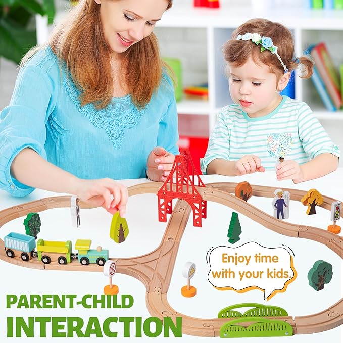 40 Pcs Wooden Train Set for Kids Ages 4-8, Wood Train Track with Magnetic Toy Train Accessories for Toddlers 3-5 Year Old Boy & Girl, Railway Set Road Sign Fit Major Brand Christmas Toy