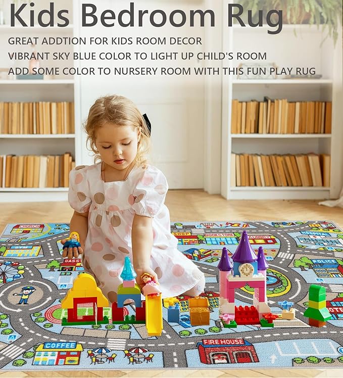 Kids Rug 3'3" x 5'2" City Life Playmat Area Rug Car City Map Washable Traffic Road Educational Learning Nursery Rug Carpet for Children Playroom Living Room Bedroom Classroom Decor Blue