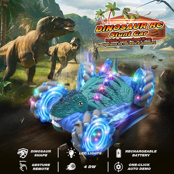 Remote Control Car,Dinosaur Toys car for Kids,2.4GHz LED Gesture Sensing RC Car,4WD Rotation RC Stunt Car with Lights and Music,Dino Toys for Kids Ages 3 4 5 6 7 Gifts for Boys Girls(Blue)