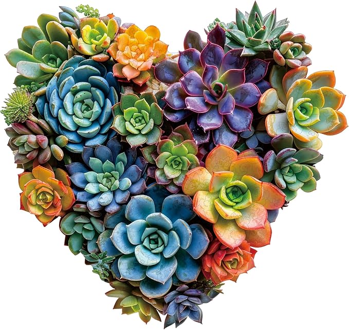Heart Succulent Wooden Puzzles for Adults, 500 Piece Unique Shaped Wood Jigsaw Puzzles for Adults and Kids, Fun Challenging Puzzles Family Game Gift, 17.5'' x 16.7''