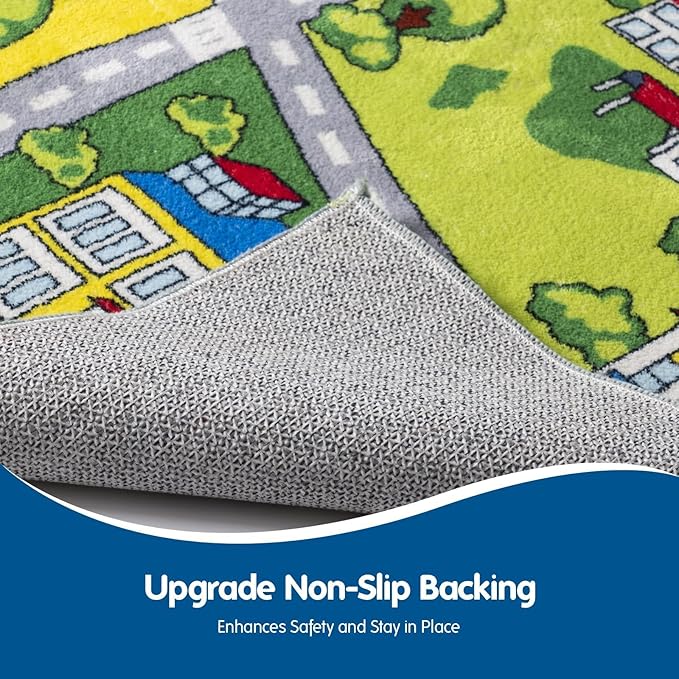 Booooom Jackson Kids Play Mat - Soft, Non Slip Race Car & Train Rug, Washable Area Rug for Bedroom, Playroom, Preschool