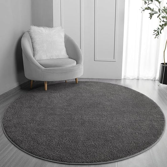 FlyDOIT Round Area Rugs for Bedroom Living Room, 4x4 Dark Grey Super Soft Comfy Thickened Memory-Foam Indoor Circle Carpet, Modern Aesthetic Minimalist Carpet for Boys Girls Adults Nursery Home Décor