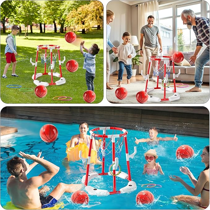 Pool Basketball Hoop Toys,2-in-1 Floating Basketball Pool Games with 4 Balls/12 Rings/Pump,Swimmming Pool Games for Kids Ages 4-8 8-12 Adult, Outdoor Water Play Toys for Summer Family Party(Red)