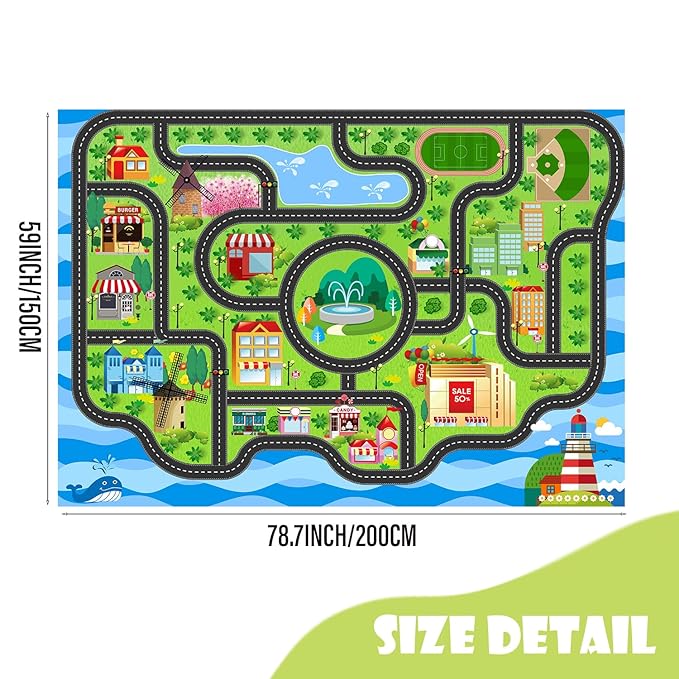 Car Rug,Kids Play Rug with Roads,Playroom Non Slip Car Track City Map for Bedroom Classroom - (78.7X59 Inches)