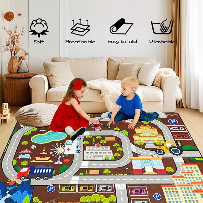 Car Rugs for Kids Toy Cars - City Life Road Rug for Playroom Car Track Rug Car Carpet for Kids Boys Living Room Bedroom Classroom, 3'×5'