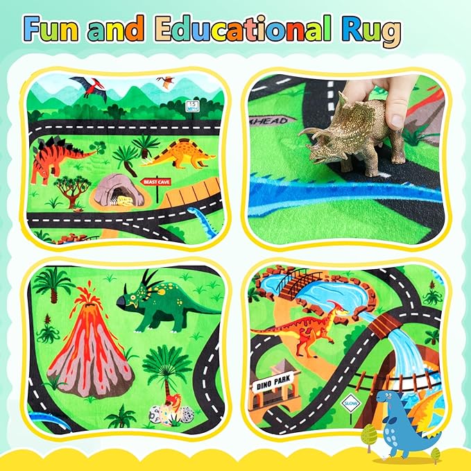 Kids Rug, Car Carpet for Kids' Toy Cars, 4x6 Ft Dinosaur Rug, Dino Safari Road Rugs for Playroom, Educational Learning & Game Area Playmat Carpet for Kid