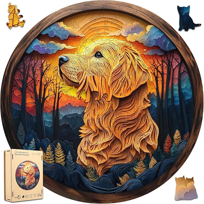 Wooden Puzzle for Adults - 3D Golden Retriever Wooden Jigsaw Puzzles 200 Piece, Unique Shaped Animal Challenging Puzzles, Exquisite Packaging, Best Gift for Family Friends11.2x11.2 in