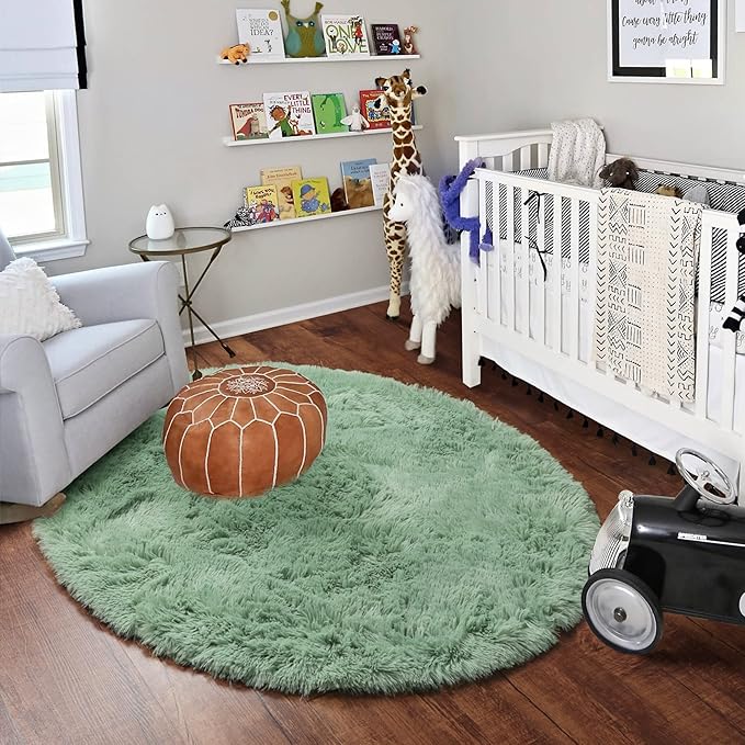 ONASAR Sage Green Round Area Rugs 5ft, Fluffy Soft Bedroom Circle Rug for Kids Girls Boys Teen Room, Cute Furry Plush Shaggy Carpet Floor Mat for Nursery Living Room Playroom Dorm Home Decor