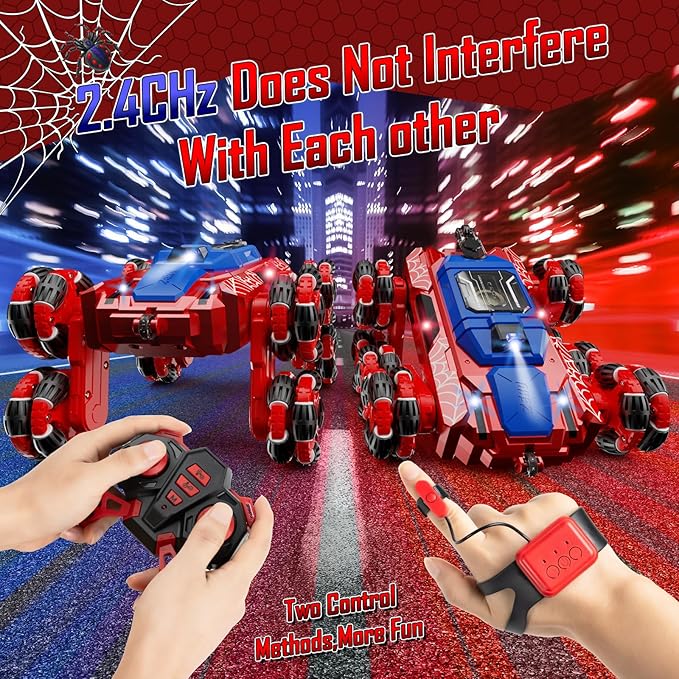 Spider Remote Control Cars Toys, 8WD Off Road Stunt Car with Gesture Sensing, Drift RC Car with LED Light, Music and Spray, Toys Gifts for 6 7 8-12 Years Old Boys Girls (Red)