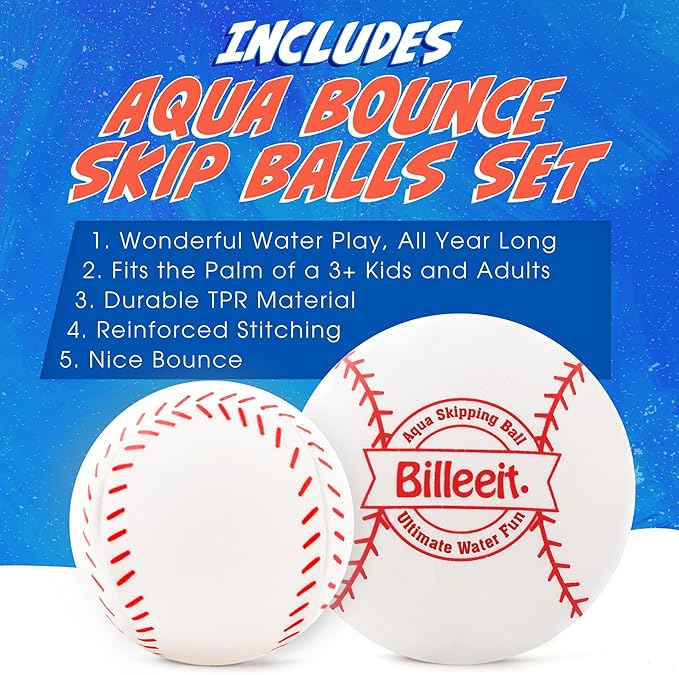 4Pcs Water Skipping Balls for Pool Play(Baseball Theme), Water Pool Beach Swim Toys for Kids Ages 4-8, 8-12 and Adults, Include 2 Balls and 2 Discs