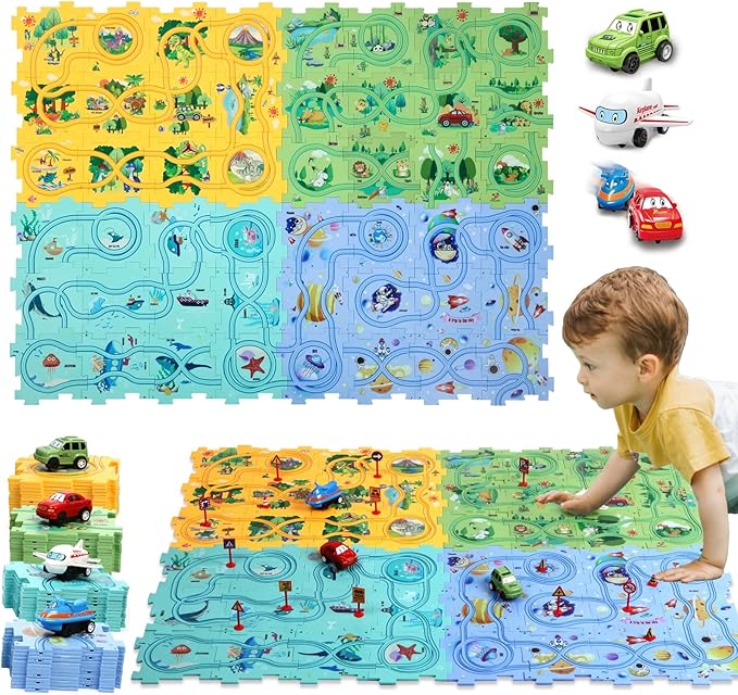 Puzzle Racer Kids Car Track Set Puzzle Racer Car Track Set with Roadmap Puzzle Track Car Play Set Toy for Kids 3-8 Years Old(100Pcs, 4 Stytle)