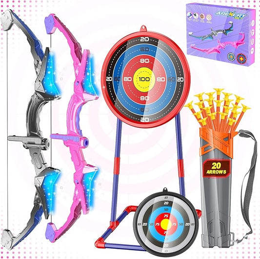 2 Pack Kids Bow and Arrow, 20 Suction Cup Arrows, 2 Archery Targets&Quiver, Light-up Set for Kids Ages 4-8 8-12, Indoor Outdoor Toys for Boys Girls, (Black & Pink