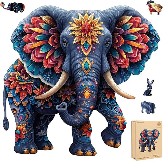 Elephant Wooden Puzzles for Adults, Jigsaw Puzzles 500 Pieces, Unique Shape Puzzles with Wooden Box, 16.7" x 16.1" Royal Size Family Game Gift, Fun Challenging Puzzles for Adults and Kids