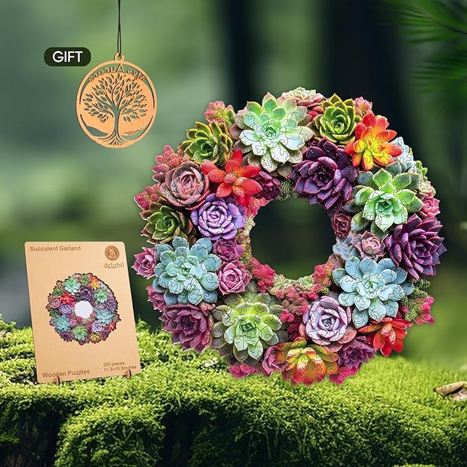 Succulent Garland Wooden Puzzles for Adults, 500 Pieces Mandala Jigsaw Puzzles, Unique Shaped Royal Size Wood Puzzle Gift for Kids, Family Game 17.6'' x 16.5''
