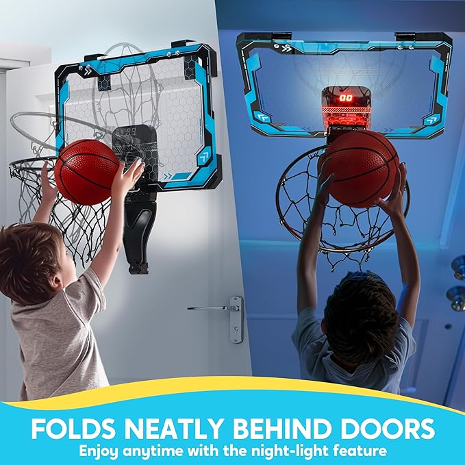 SYNCFUN Mini Basketball Hoop for Kids, Light Up Over The Door Basket Ball Hoops Toy, Mini Hoop with Scoreboard & 4 Balls, Sport Game Set, Birthday Gift Toy for Boys Girls Ages 3 and UP(Blue)