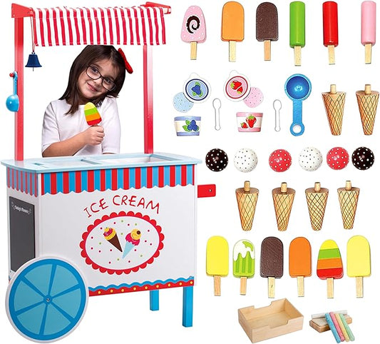 Ice Cream Cart Kids Pretend Play Stand- 33+ Pc Accessories, Realistic Premium Wooden Toy Activity Set, Money Box Chalkboard & Icecream Truck- Popsicles Cones Unique Flavors- Girls Boys Role Play Gift