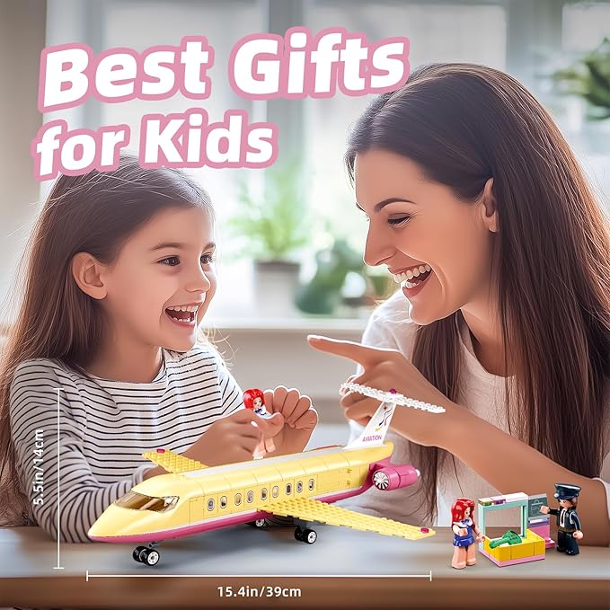 Sluban Airplane Building Set for Girls 6+ 8+ 12+, Airport Plane Kit Compatible with Lego Friends, Control Tower, Security Check Machine, and 5 Minifigures, Thanksgiving Boys Kids 6-12
