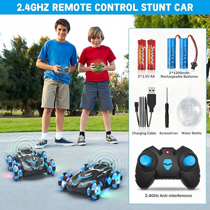 Eulogia RC Stunt Car with RGB Lights, 360° Drift & Rotation, All-Terrain Remote Control Car, Extra 2 Rechargeable Batteries, Spray, One-Key Demo, Gift for Kids Ages 5-12 (Blue)