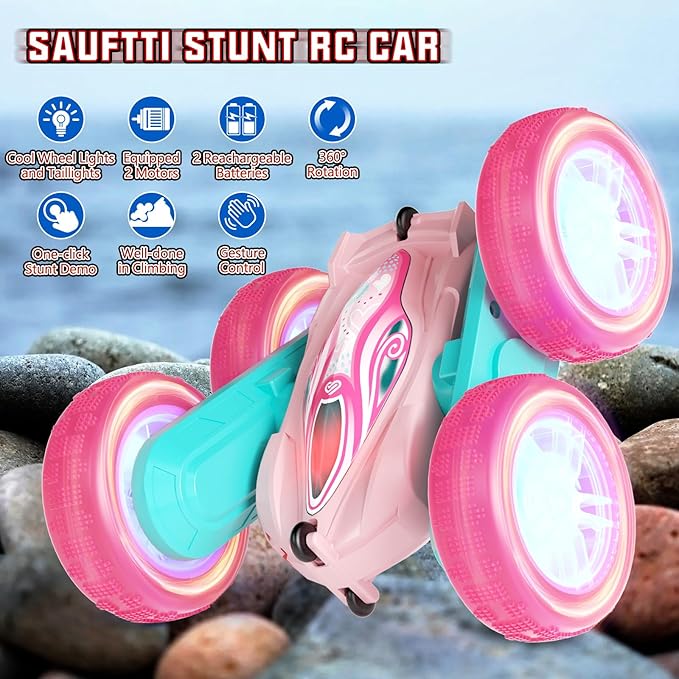 Remote Control Car Toys for Girls & Boys, 4WD Gesture RC Stunt Cars, High Speed RC Truck with Double Sided 360 Flips and Headlights Wheel Lights, Off-Road Stunt Car Toys for Kids 6-12 yr (Pink)
