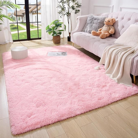 Amearea Premium Soft Area Rug 4x5.3 Feet, Pink Rugs for Living Room, Fluffy Carpet for Bedroom Nursery Playroom Teen Home Decor, Comfortable Indoor Furry Dorm Carpets, Pink