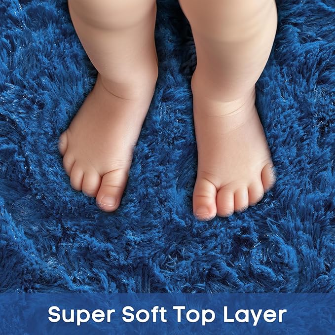 Ophanie Round Rug 4Ft Blue Circle Area Rug, Boys Room Decor, Fluffy Fuzzy Bedroom Carpet, Plush Soft Shaggy Living Room Rugs for Kids Home Decor Aesthetic, Nursery