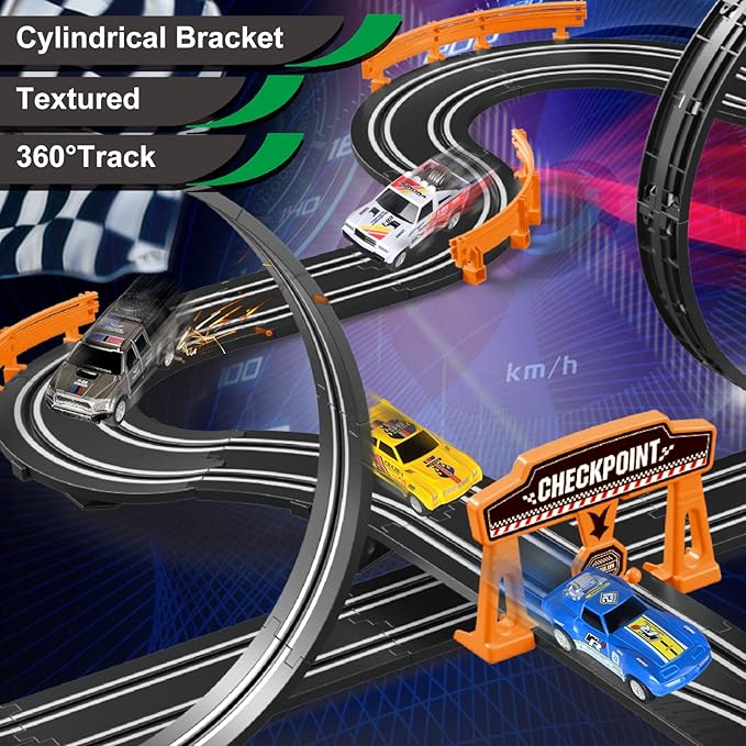 Slot Car Race Track for Kids with 4 Slot Cars, Dual Racing Electric Car Tracks Game Featuring Flash Bridge and Pendulum Toys Gifts for Boys Girls Age 6 7 8 Years Old
