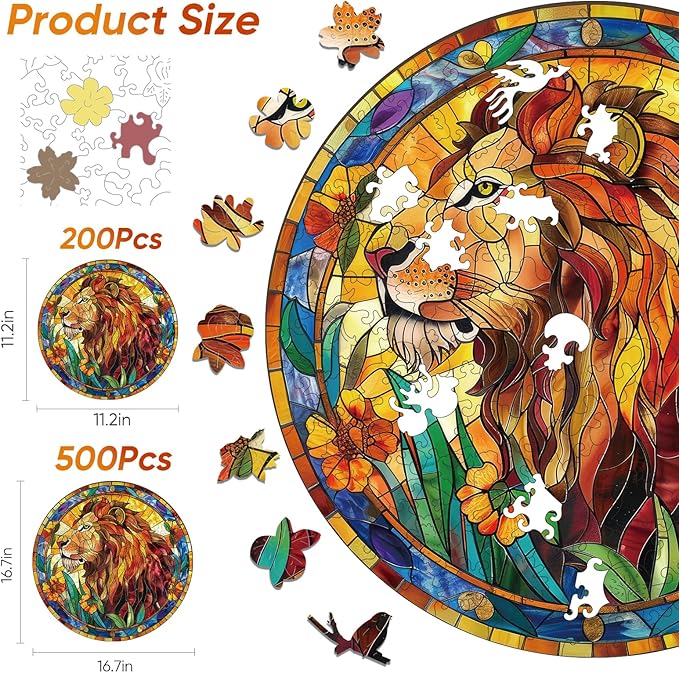 Wooden Puzzles for Adults, Nature & Lion Jigsaw Puzzles 200 Pieces, Unique Shaped Puzzle for Adults and Kids, Christmas Birthday Gift Family Game 11.2 x 11.2 Inch
