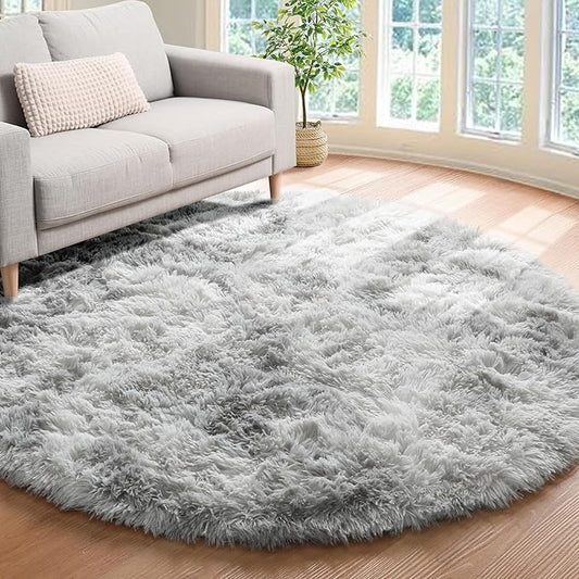 ONASAR Tie-Dyed Light Grey Round Area Rug 4ft, Ultra Soft Bedroom Circle Rugs for Kids Girls Teen Room, Fluffy Plush Shaggy Carpet Floor Mats for Baby Nursery Living Room Playroom Home Decor