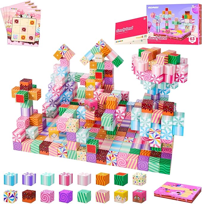 Magnetic Blocks Candy Land Edition, Magnetic Tiles Building Blocks Boys & Girls Toys Age 3-5 4-8 5-7 Sensory Gift for Kids，Magnets Cubes，Upgraded STEM Gift 1.2 Inches