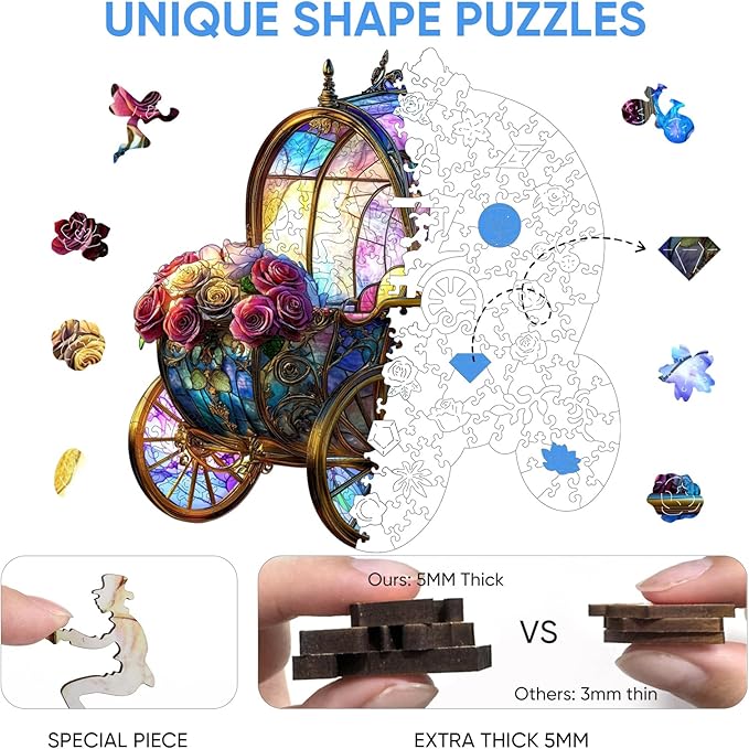 Jigsaw Puzzles 500 Pieces, Pumpkin Carriage Wooden Puzzles, 5MM Thick Unique Shaped Flower Brain Teaser Puzzles Birthday Gifts for Kids Family Game 16.5 * 16.9inch