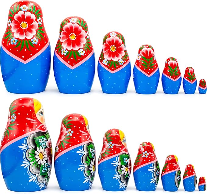 AEVVV Russian Nesting Dolls Set 7 pcs - Russian Nesting Babushka Dolls with Flowers - Handmade Matryoshka Doll with Rose Flowers Home Decor - Munecas Rusas