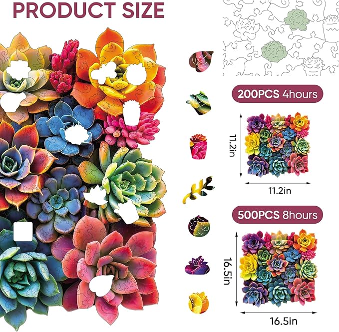 Puzzles for Adults 500 Pieces, Square Succulent Wooden Puzzles, 5MM Thick Unique Shaped Flower Jigsaw Puzzles Birthday Gifts for Kids Family Game 16.5 * 16.5inch