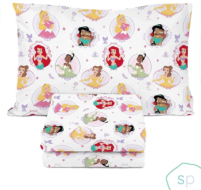 Saturday Park Disney Princess Besties Twin Sheet Set - 3 Piece 100% Organic Cotton Sheets - GOTS & Oeko-TEX Certified (Disney Official)