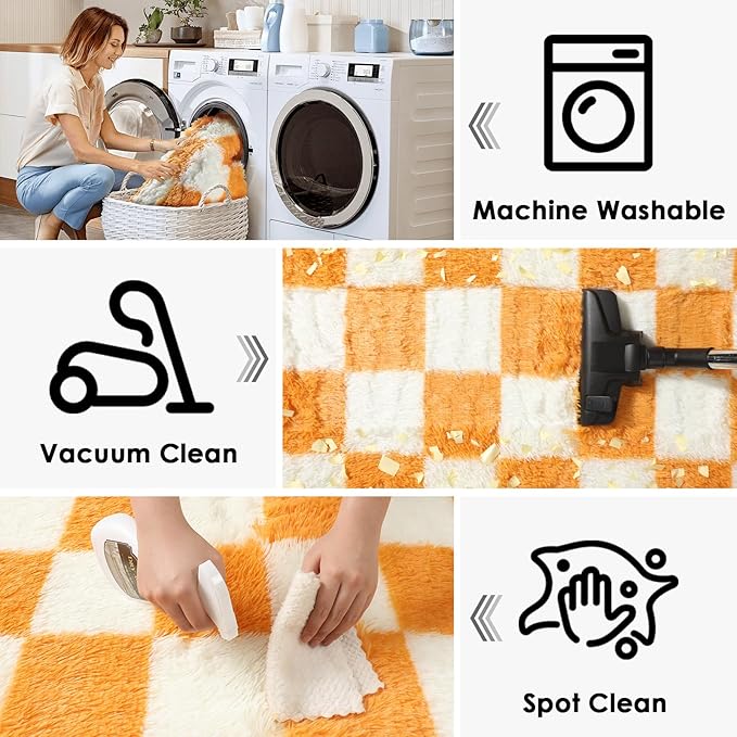 KICMOR 8x10 Area Rugs for Living Room, Large Fluffy Fuzzy Orange and Cream White Checkered Shag Rug Soft Plush Big Bedroom Carpet, Shaggy Floor Rugs for Kids Boys Girls Dorm Nursery Home Room Decor