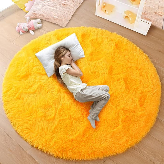 junovo Round Rug 4x4 Feet Fluffy Soft Area Rugs for Kids Girls Room Princess Castle Plush Shaggy Carpet Cute Circle Nursery Rug for Kids Girls Bedroom Baby Room Home Decor Circular Carpet, Orange