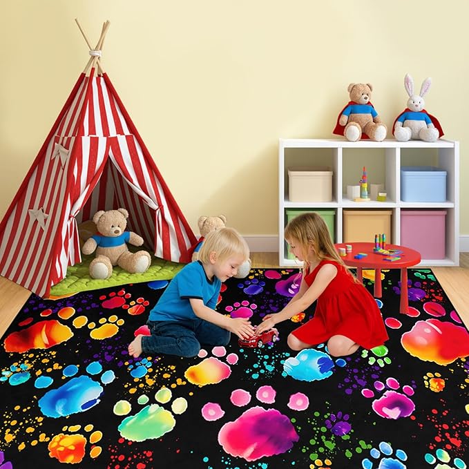 Paw Print Rug - Cute Colorful Dog Cat Paw Print Rugs Cartoon Animal Claw Carpet for Kids Bedroom Cute Animal Paw Themed Decorative Carpet for Playroom Soft Decor for Classroom,3'×4'